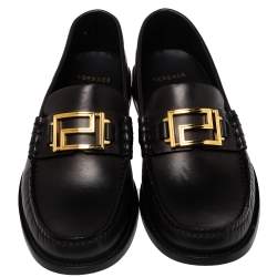 Versace Black Leather Metal Logo Slip On Loafers Size 41