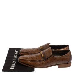 Pre Owned Versace Brown Ostrich Leather Medusa Chain Detail Loafers Size 43