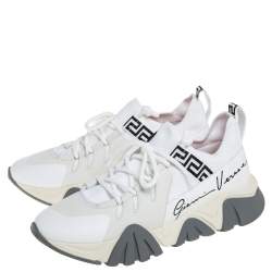 مملوكة مسبقًا Versace White Nubuck Leather And Knit Fabric Squalo Low Top Sneakers Size 43.5