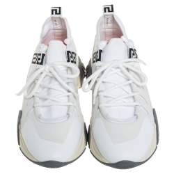 مملوكة مسبقًا Versace White Nubuck Leather And Knit Fabric Squalo Low Top Sneakers Size 43.5