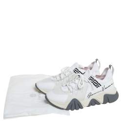 مملوكة مسبقًا Versace White Nubuck Leather And Knit Fabric Squalo Low Top Sneakers Size 43.5