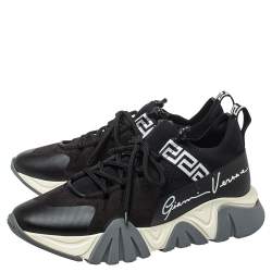 Versace Black Nubuck Leather And Knit Fabric Squalo Low Top Sneakers Size 43.5