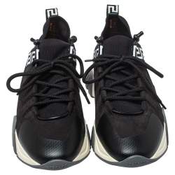 Versace Black Nubuck Leather And Knit Fabric Squalo Low Top Sneakers Size 43.5