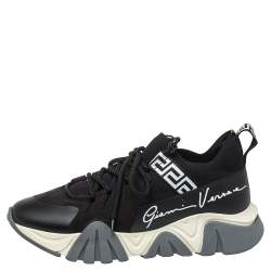 Versace Black Nubuck Leather And Knit Fabric Squalo Low Top Sneakers Size 43.5