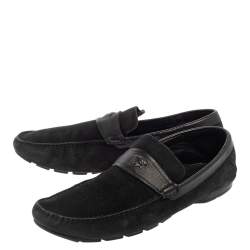 Versace Black Suede And Leather Slip On Loafers Size 44