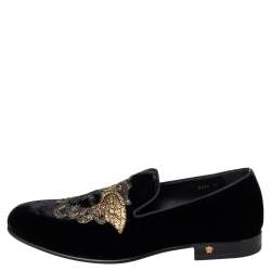 Pre Owned Versace Black Velvet Embroidered Medusa Smoking Slippers Size 43