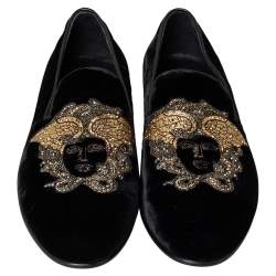 Pre Owned Versace Black Velvet Embroidered Medusa Smoking Slippers Size 43