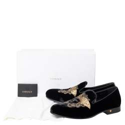 Pre Owned Versace Black Velvet Embroidered Medusa Smoking Slippers Size 43