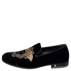 Pre Owned حذاء لوفرز فيرساتشي ميدوسا سليب أون قطيفة أسود مقاس 40