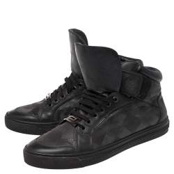 Versace Black Monogram Nylon and Leather Lace High Top Sneakers Size 41