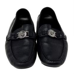 Pre Owned Versace Black Leather Medusa Slip On Loafers Size 44