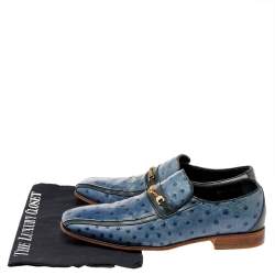 Versace Blue Ostrich Leather Medusa Chain Detail Loafers Size 41