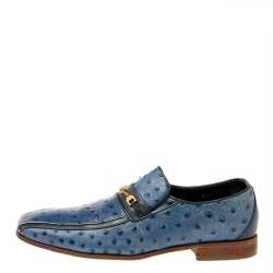 Versace Blue Ostrich Leather Medusa Chain Detail Loafers Size 41