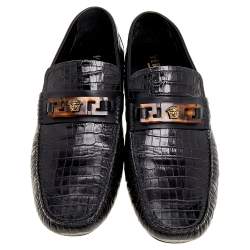 Pre Owned Versace Black Croc Embossed Leather Medusa Loafers Size 42