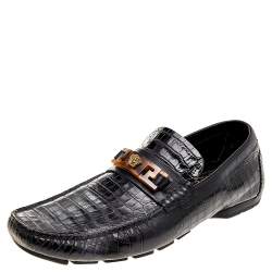 Pre Owned Versace Black Croc Embossed Leather Medusa Loafers Size 42