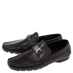 مملوكة مسبقًا Versace Dark Brown Leather Medusa Embellished Slip On Loafers 41.5