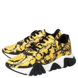 Versace Black/Yellow Barocco Print Leather Squalo Low Top Sneakers Size 43