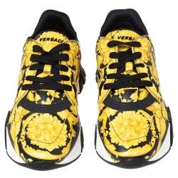 Versace Black/Yellow Barocco Print Leather Squalo Low Top Sneakers Size 43