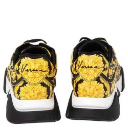 Versace Black/Yellow Barocco Print Leather Squalo Low Top Sneakers Size 43