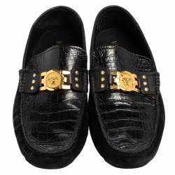 Pre Owned Versace Black Croc Embossed Leather And Suede Medusa Loafers Size 42