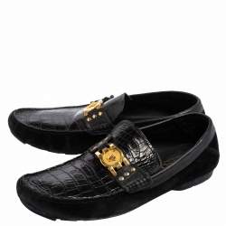 Pre Owned Versace Black Croc Embossed Leather And Suede Medusa Loafers Size 42