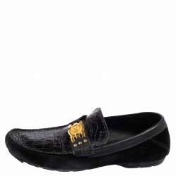 Pre Owned Versace Black Croc Embossed Leather And Suede Medusa Loafers Size 42