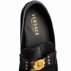 Pre Owned Versace Black Croc Embossed Leather And Suede Medusa Loafers Size 42