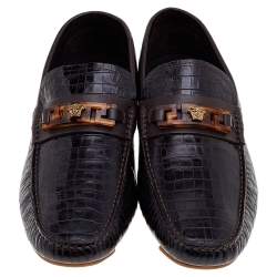 Versace Black/Brown Crocodile Leather Medusa Slip On Loafers Size 45