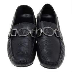 Versace Black Lizard Leather Medusa Slip On Loafers Size 41