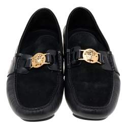 Versace Black Suede And Leather Medusa Embellished Slip On Loafers Size 44