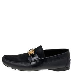 Versace Black Suede And Leather Medusa Embellished Slip On Loafers Size 44