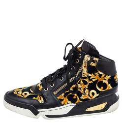 مملوكة مسبقًا Versace Black/Gold Barocco Print Velvet And Leather Medusa High Top Sneakers Size 40.5