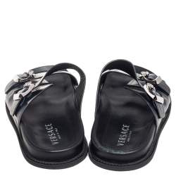 Pre Owned صندل سلايد فيرساتشي جلد أزرق داكن إبزيم مزدوج سير مقاس 44 