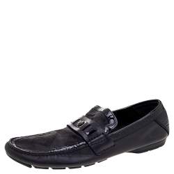 Versace Black Patent Leather And Signature Canvas Medusa Detail Slip On Loafers Size 44
