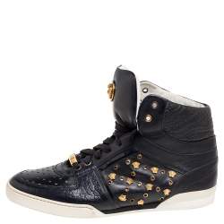 Pre Owned حذاء رياضي فيرساتشي جلد أسود مزين ميدوسا رباط مرتفع من أعلى مقاس 43