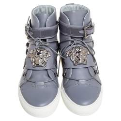 Versace Grey Leather Medusa Plaque Strap High-Top Sneakers Size 41