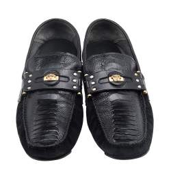 Versace Black Suede And Crocodile Leather Medusa Slip On Loafers Size 44