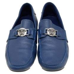 مملوكة مسبقًا Versace Blue Leather Medusa Embellished Slip On Loafers Size 45