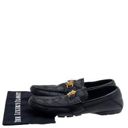 Versace Black Leather And Monogram Fabric Medusa Slip On Loafers Size 44