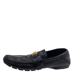 Versace Black Leather And Monogram Fabric Medusa Slip On Loafers Size 44