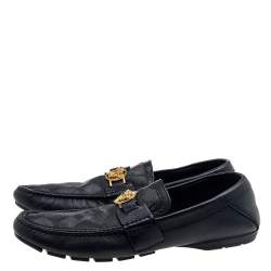Versace Black Leather And Monogram Fabric Medusa Slip On Loafers Size 44