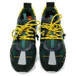 Versace Green Suede And Check Canvas Chain Reaction Sneakers Size 45
