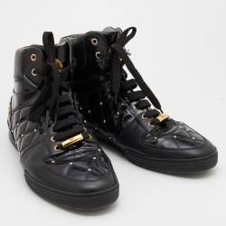 Versace Black Leather And Patent Leather Studded Medusa High Top Sneakers Size 46