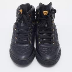 Pre Owned Versace Black Embroidered Leather Medusa High Top Sneakers Size 45