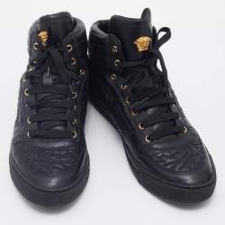 Pre Owned Versace Black Embroidered Leather Medusa High Top Sneakers Size 45