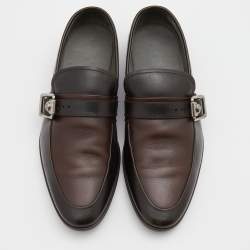 Versace Brown Two Tone Leather Buckle Detail Slip On Loafers Size 41