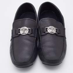 Pre Owned Versace Black Leather Medusa Embellished Slip On Loafers Size 42