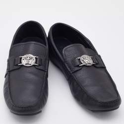 Pre Owned Versace Black Leather Medusa Embellished Slip On Loafers Size 42