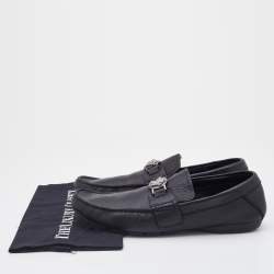 Pre Owned Versace Black Leather Medusa Embellished Slip On Loafers Size 42