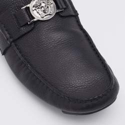 Pre Owned Versace Black Leather Medusa Embellished Slip On Loafers Size 42